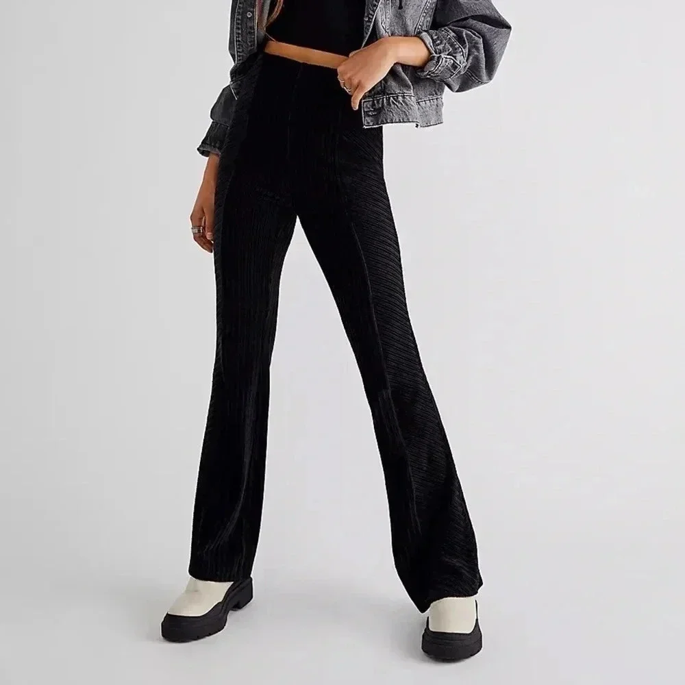 New Free People Slim Pull-On Velvet Flare Pants Black XS